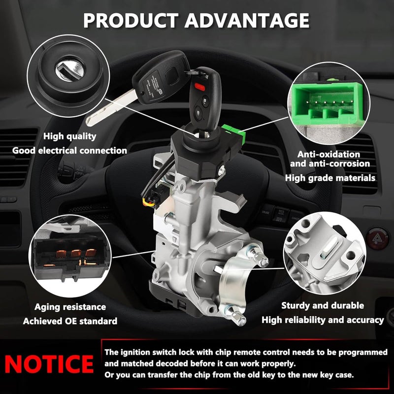 RAMATA 06350-SAA-G30-A Ignition Switch Lock Cylinder with Key (with Blank Chip) Compatible with 2006 2007 2008 Honda Civic, Replace # 06350-SAA-G30-A (Ignition Chip: 46,Frequency: 313.8Hz) - Image 4